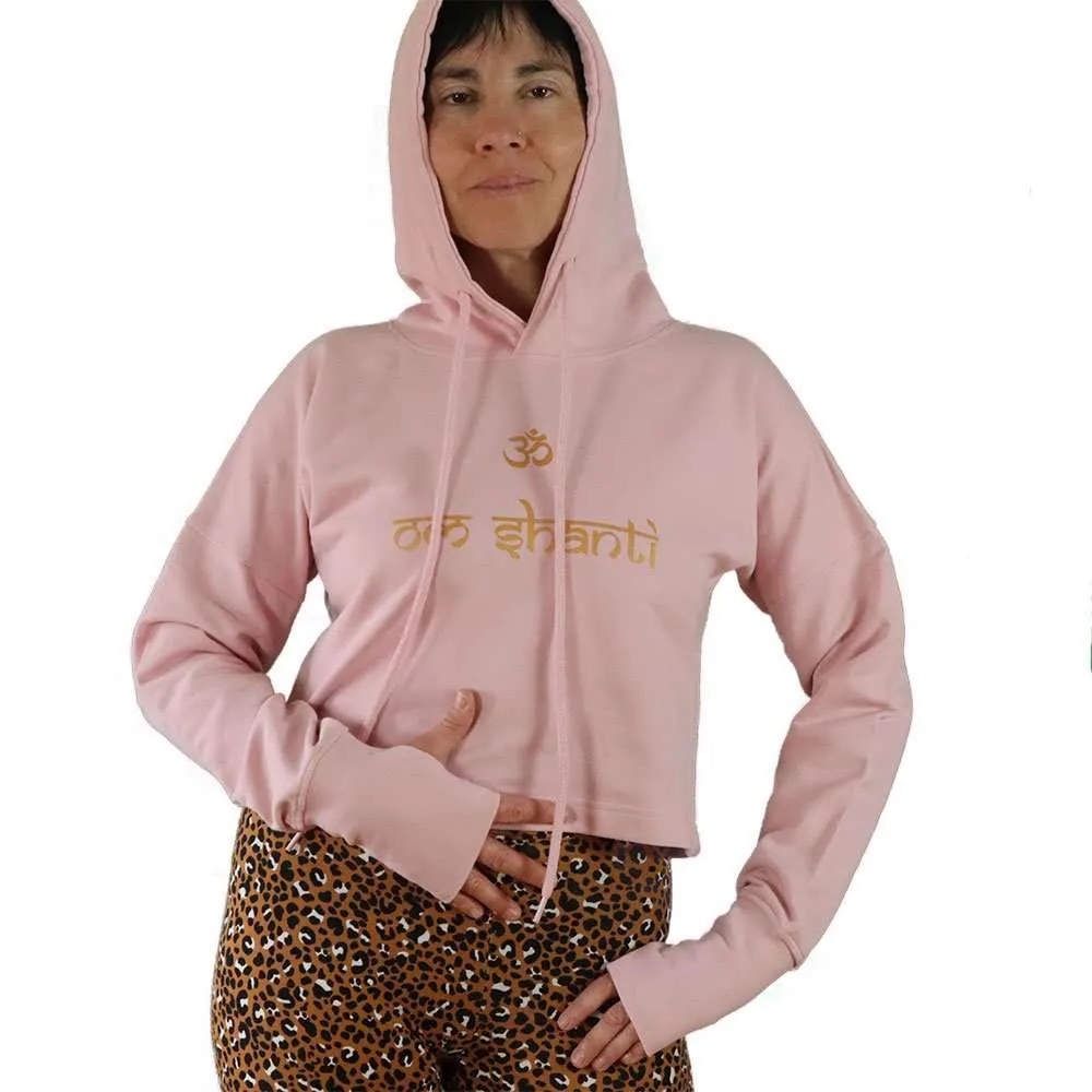 Sudadera crop orgánica rosa con capucha de mangas extra largas Om Shanti