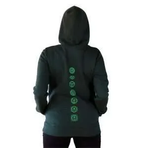 sudadera organica con capucha green yoga chacras en espalda