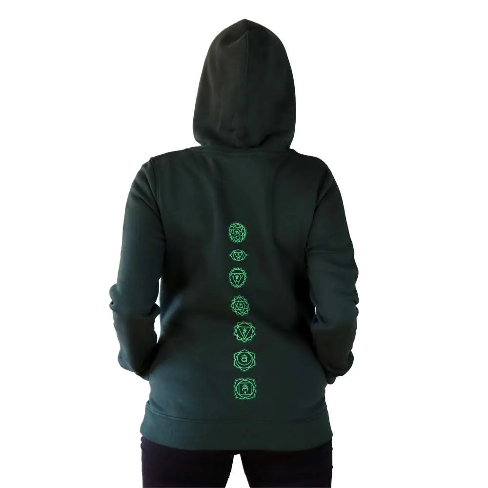 sudadera organica con capucha green yoga chacras en espalda