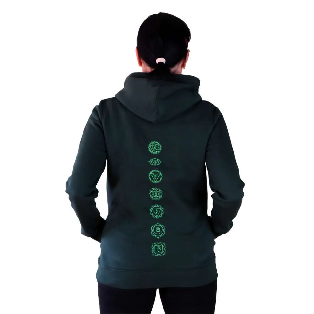 sudadera organica con capucha green yoga chacras en la espalda
